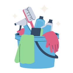 Cleaning supplies in a blue bucket